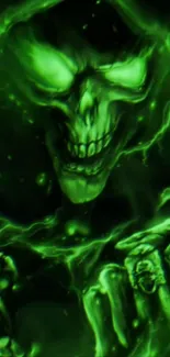 Eerie green skull with a dark, haunting background.