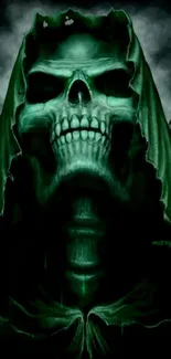 Dark green skull with eerie shadowy design.