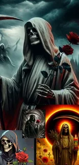 Grim reaper with a scythe, surrounded by dark clouds and red roses.