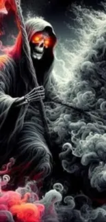 Grim Reaper with fiery eyes riding a dark horse amidst swirling mist.