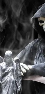 Eerie image of a Grim Reaper with an angel statue in dark tones.