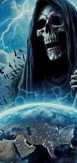 Grim Reaper holding scythe over Earth.