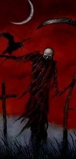 Grim Reaper with scythe and raven, dark red background.