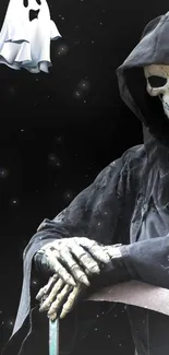 Creepy Grim Reaper with ghost on a dark background, perfect for horror fans.