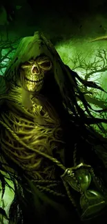 Mysterious Grim Reaper in green forest scene, eerie and gothic mobile wallpaper.