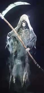 Dark Grim Reaper with scythe in eerie wallpaper.