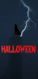 Halloween wallpaper with wolf silhouette and lightning on a dark building.