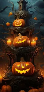 Eerie tower of glowing pumpkins under a dark sky.