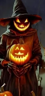 Eerie Halloween wizard holding a glowing pumpkin.