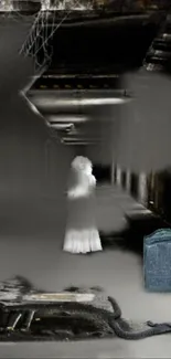 Eerie hallway ghost with dark atmosphere on mobile wallpaper.