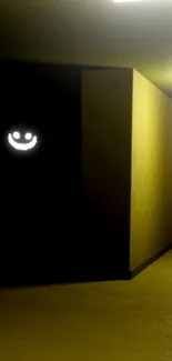 Dark hallway with glowing smiley face, eerie vibe.