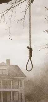 A hanging rope in front of a desolate house in an eerie sepia landscape.