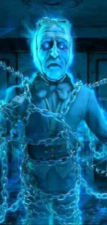 Chained ghost glowing in eerie blue light on a spooky background.