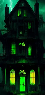 Haunted gothic mansion with glowing green windows and stormy skies.