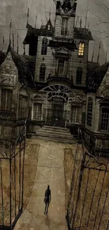 Spooky haunted house wallpaper with dark and eerie atmosphere.