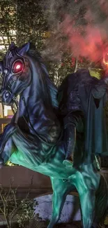 Headless horseman illuminated in eerie night scene with vibrant colors.