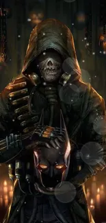 Hooded skeleton holding a mask with candles in the background.