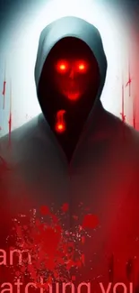 Dark hooded figure with glowing red eyes, eerie wallpaper design