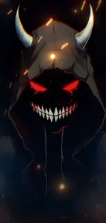 Dark hooded figure with glowing red eyes and horns on a mobile wallpaper.