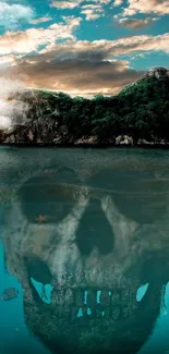 Island with skull reflection in blue waters under a cloudy sky.