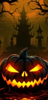 Glowing jack-o'-lantern with spooky castle in the background, Halloween scene.
