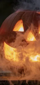 Eerie glowing jack-o'-lantern with spooky smoke on a dark background.