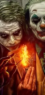 Two Jokers with fire in dark art.