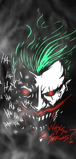 Stylized Joker-inspired artwork in black, green, and red on a dark background.