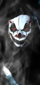 Sinister clown mask in dark smoke-filled ambiance.