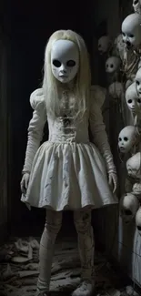 Eerie masked doll with hanging masks in dark room.