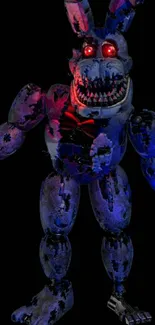 Eerie animatronic creature with red eyes on a dark wallpaper.