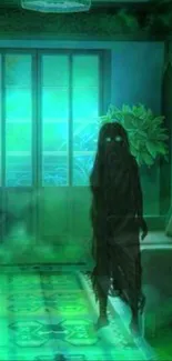 Eerie wallpaper with a ghostly figure and green mist in a mysterious room.