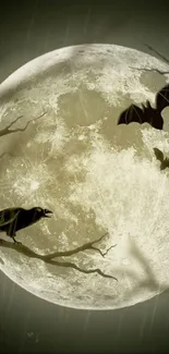 Eerie illustration of bats and crow against a full moon.