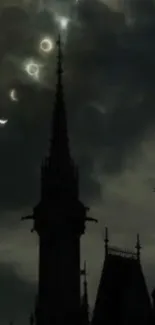 Gothic castle silhouette under a cloudy, moonlit sky