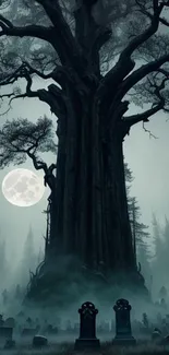 Eerie graveyard with a mystical tree under a full moon.