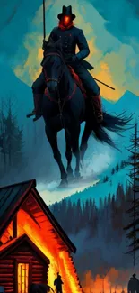 Eerie wallpaper with a ghostly horse rider and burning cabin in the mountains.