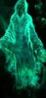 Neon green ghost with glowing aura on dark background.