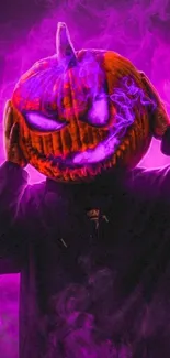 Neon pumpkin head with purple smoke wallpaper.