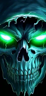 Neon skull with glowing green eyes and hooded cloak.
