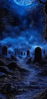 Moonlit cemetery with eerie atmosphere.