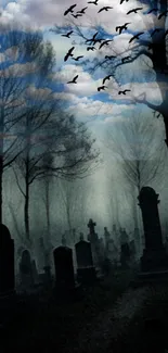 A dark, eerie cemetery at night with silhouetted trees and flying bats.