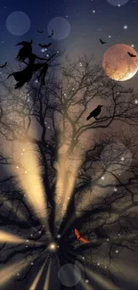 Eerie night wallpaper with witch, bats, and glowing full moon.