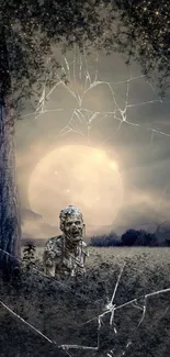 Nightscape wallpaper with a full moon and eerie figure under broken glass.