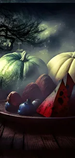 Eerie pumpkin scene with dark, mystical colors and spooky ambiance.