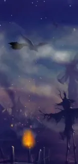 Mystical night landscape with scarecrow silhouetted against a starry sky.