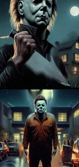 Eerie masked figure under moonlit sky in horror-themed wallpaper.