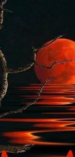 Blood moon reflecting in dark waters with eerie barren tree silhouette.