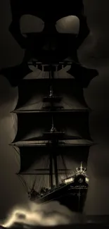 Pirate ship with shadowy skull silhouette on stormy sea.