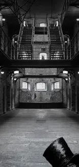 Eerie gothic prison with dark atmosphere and spooky character in corner.