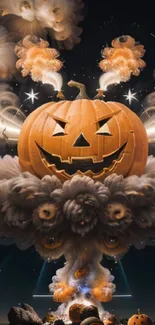 Halloween pumpkin explosion art wallpaper with a spooky atmosphere.